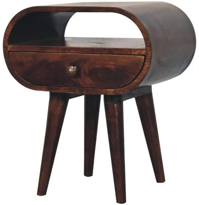 Alt view image 4 of 7 - Solid Wood California Walnut Circular Bedside With 1-Drawer, Open Slot, Nordic Legs, Dark Brown