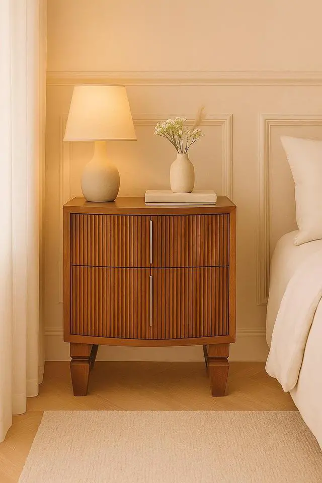 Alt view image 2 of 7 - Solid Wood Louvre Bedside Unit,Brown,2-Drawers