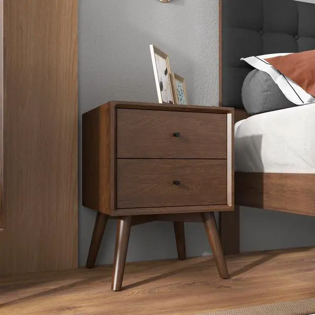 Alt view image 2 of 7 - Mid-Century Modern Caroline Night Stand 2-Drawer Dark Brown Solid Wood 23.6"H X 17.7"W X 15.7"D For Bedroom, Closet, Dorm