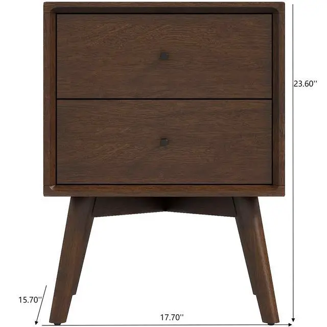 Alt view image 3 of 7 - Mid-Century Modern Caroline Night Stand 2-Drawer Dark Brown Solid Wood 23.6"H X 17.7"W X 15.7"D For Bedroom, Closet, Dorm