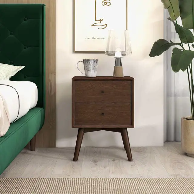 Alt view image 5 of 7 - Mid-Century Modern Caroline Night Stand 2-Drawer Dark Brown Solid Wood 23.6"H X 17.7"W X 15.7"D For Bedroom, Closet, Dorm