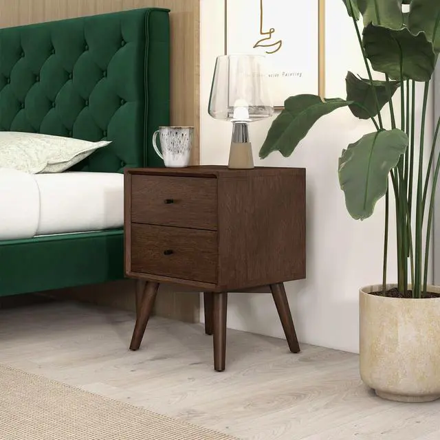 Alt view image 6 of 7 - Mid-Century Modern Caroline Night Stand 2-Drawer Dark Brown Solid Wood 23.6"H X 17.7"W X 15.7"D For Bedroom, Closet, Dorm