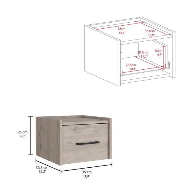 Alt view image 3 of 5 - Boa Floating Nightstand , End Table, Side Table Wall-Mounted Single Drawer Design With Handle- Light Grey - Bedroom
