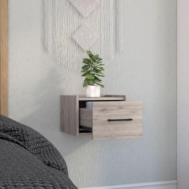 Alt view image 4 of 5 - Boa Floating Nightstand , End Table, Side Table Wall-Mounted Single Drawer Design With Handle- Light Grey - Bedroom