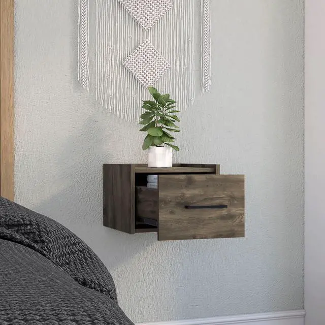 Alt view image 4 of 5 - Boa Floating Nightstand , End Table, Side Table Wall-Mounted Single Drawer Design With Handle- Dark Brown - Bedroom