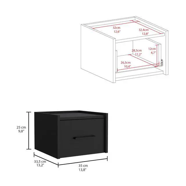 Alt view image 3 of 5 - Boa Floating Nightstand , End Table, Side Table Wall-Mounted Single Drawer Design With Handle- Black - Bedroom