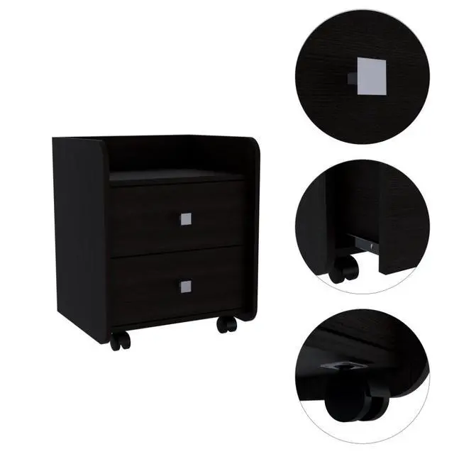 Alt view image 4 of 5 - Aura Nightstand , End Table, Side Table Metal Handle, Two Drawers, Superior Top -Black