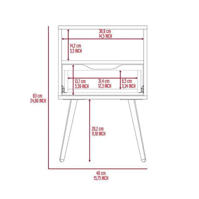 Alt view image 3 of 7 - Otom Nightstand , Superior Top, One Open Shelf, One Drawer, Four Legs -Smokey Oak / White