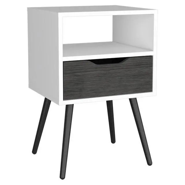 Alt view image 2 of 7 - Otom Nightstand , Superior Top, One Open Shelf, One Drawer, Four Legs -Smokey Oak / White