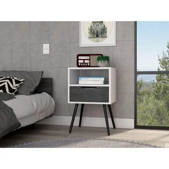 Alt view image 5 of 7 - Otom Nightstand , Superior Top, One Open Shelf, One Drawer, Four Legs -Smokey Oak / White