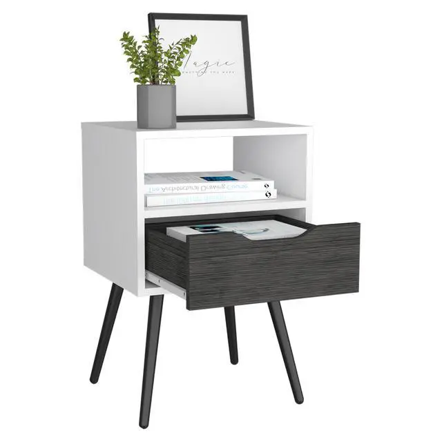 Alt view image 7 of 7 - Otom Nightstand , Superior Top, One Open Shelf, One Drawer, Four Legs -Smokey Oak / White