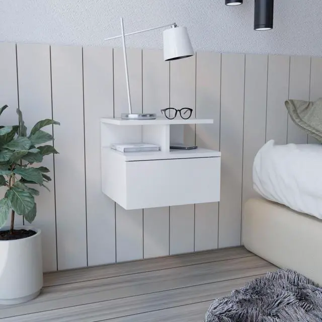 Main image of Adele Floating Nightstand , End Table, Side Table Drawer, Open Top Shelves -White