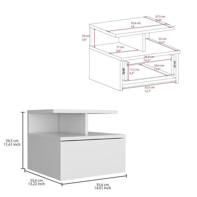 Alt view image 3 of 7 - Adele Floating Nightstand , End Table, Side Table Drawer, Open Top Shelves -White