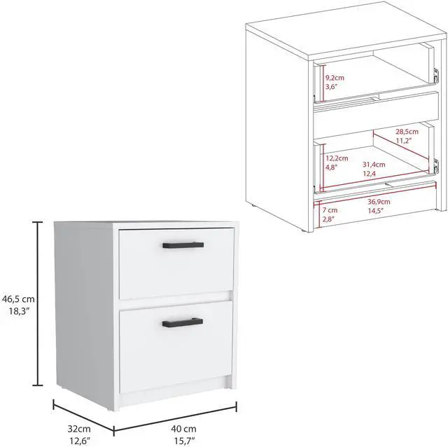 Alt view image 3 of 7 - Trivor 2 Drawers Nightstand , End Table, Side Table Metal Handles -White