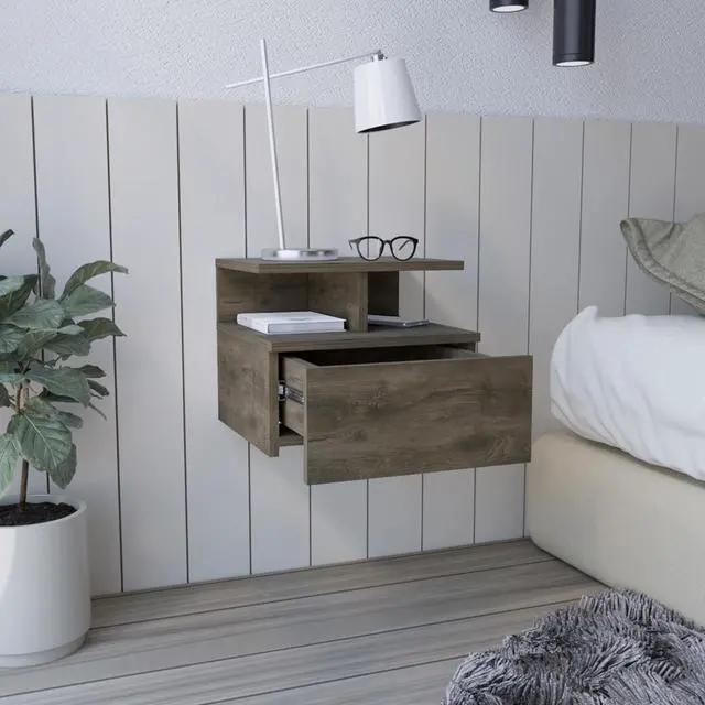 Alt view image 4 of 7 - Adele Floating Nightstand With Drawer And Open Storage Shelves