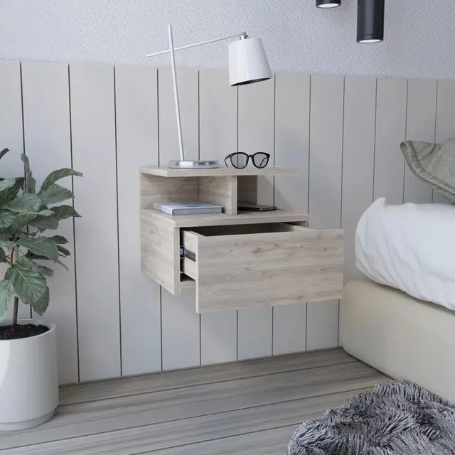 Alt view image 4 of 7 - Adele Floating Nightstand With Drawer And Open Storage Shelves