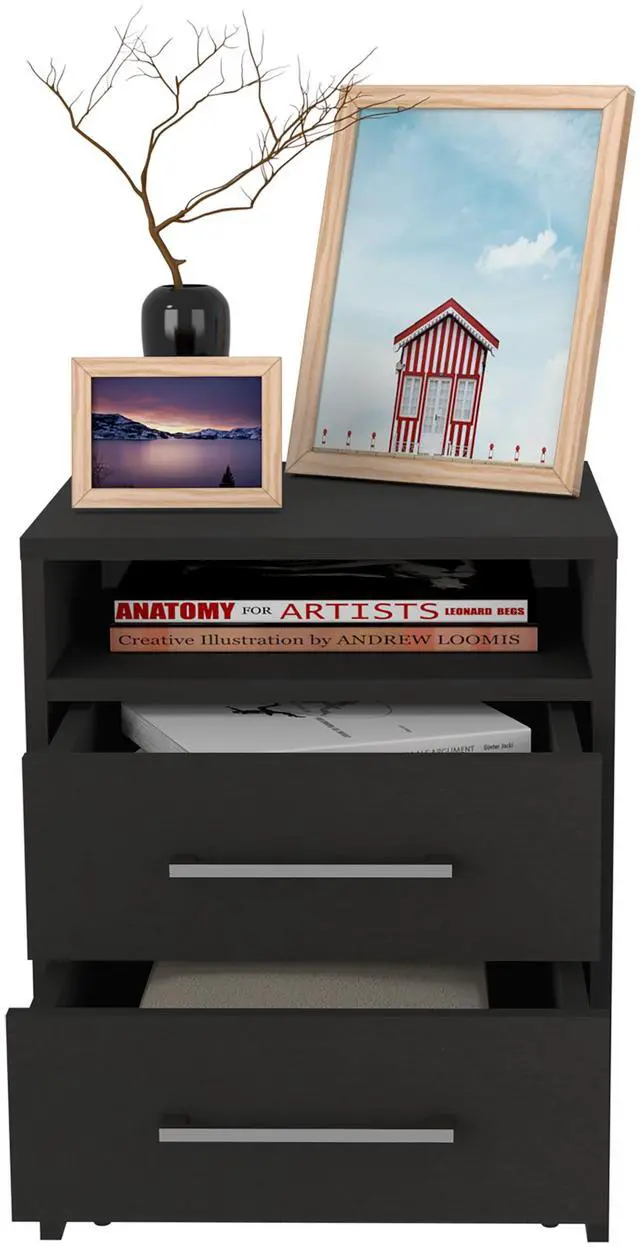Alt view image 2 of 5 - Greter 24" Two-Drawer Night Stand With Open Shelf Black