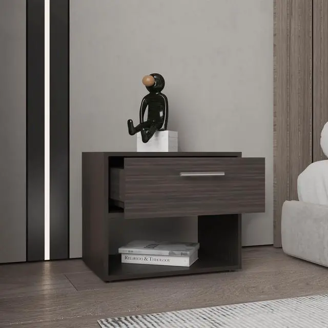 Alt view image 5 of 7 - Alpine 18" High One Drawer Nightstand With One Shelf, Side Table, End Table For Bedroom, Living Room Dark Walnut