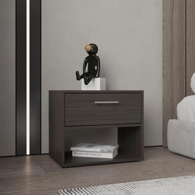 Main image of Alpine 18" High One Drawer Nightstand With One Shelf, Side Table, End Table For Bedroom, Living Room Dark Walnut