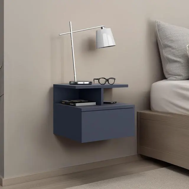 Alt view image 2 of 7 - Adele Floating Nightstand, With One Drawer And Two Small Below Shelves For Storage Or Decor, Navy Blue