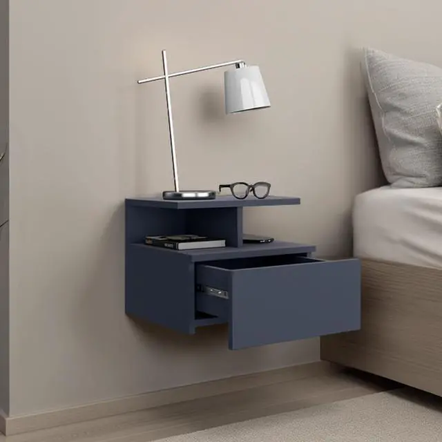Alt view image 5 of 7 - Adele Floating Nightstand, With One Drawer And Two Small Below Shelves For Storage Or Decor, Navy Blue