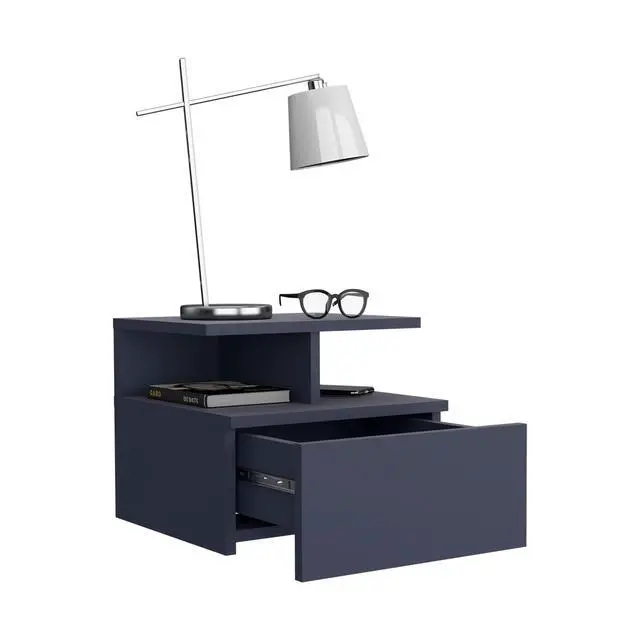Alt view image 7 of 7 - Adele Floating Nightstand, With One Drawer And Two Small Below Shelves For Storage Or Decor, Navy Blue