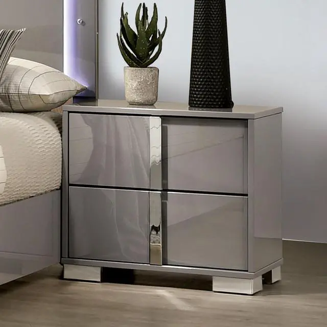 Main image of Contemporary Classic Light Taupe Bedside Table Bedroom Furniture 1Pc Nightstand Chrome Legs Handles