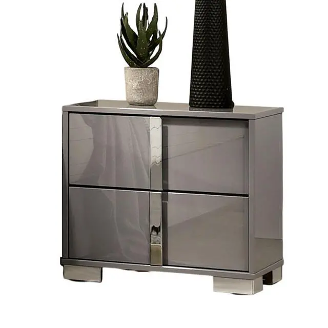 Alt view image 2 of 5 - Contemporary Classic Light Taupe Bedside Table Bedroom Furniture 1Pc Nightstand Chrome Legs Handles