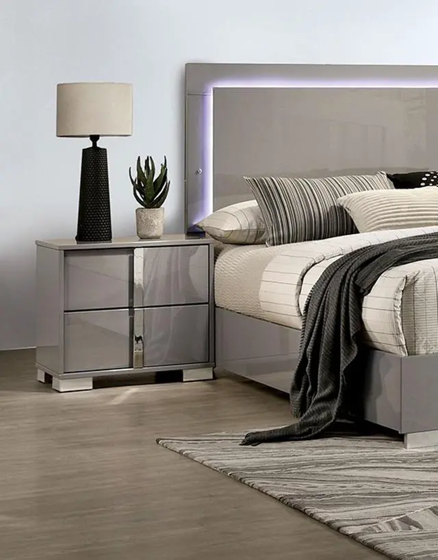 Alt view image 4 of 5 - Contemporary Classic Light Taupe Bedside Table Bedroom Furniture 1Pc Nightstand Chrome Legs Handles