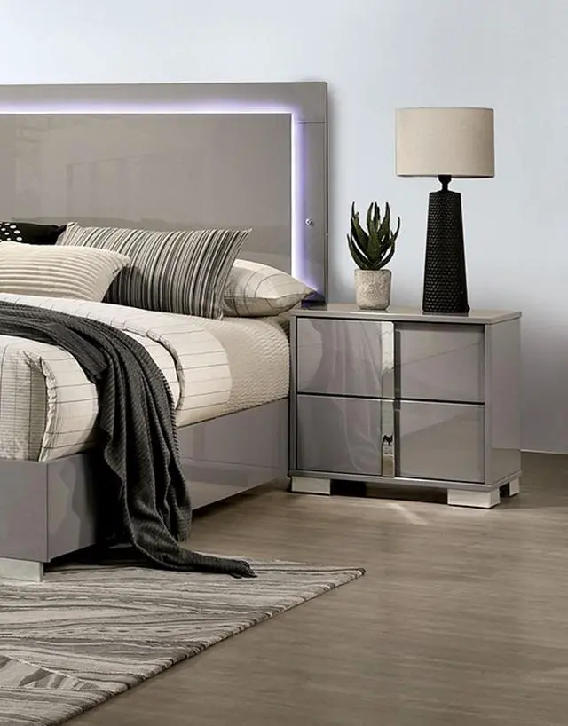 Alt view image 5 of 5 - Contemporary Classic Light Taupe Bedside Table Bedroom Furniture 1Pc Nightstand Chrome Legs Handles