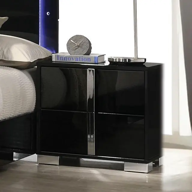 Main image of Contemporary Classic Black Bedside Table Bedroom Furniture 1Pc Nightstand Chrome Legs Handles