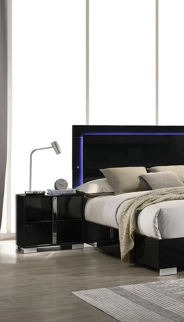 Alt view image 4 of 5 - Contemporary Classic Black Bedside Table Bedroom Furniture 1Pc Nightstand Chrome Legs Handles