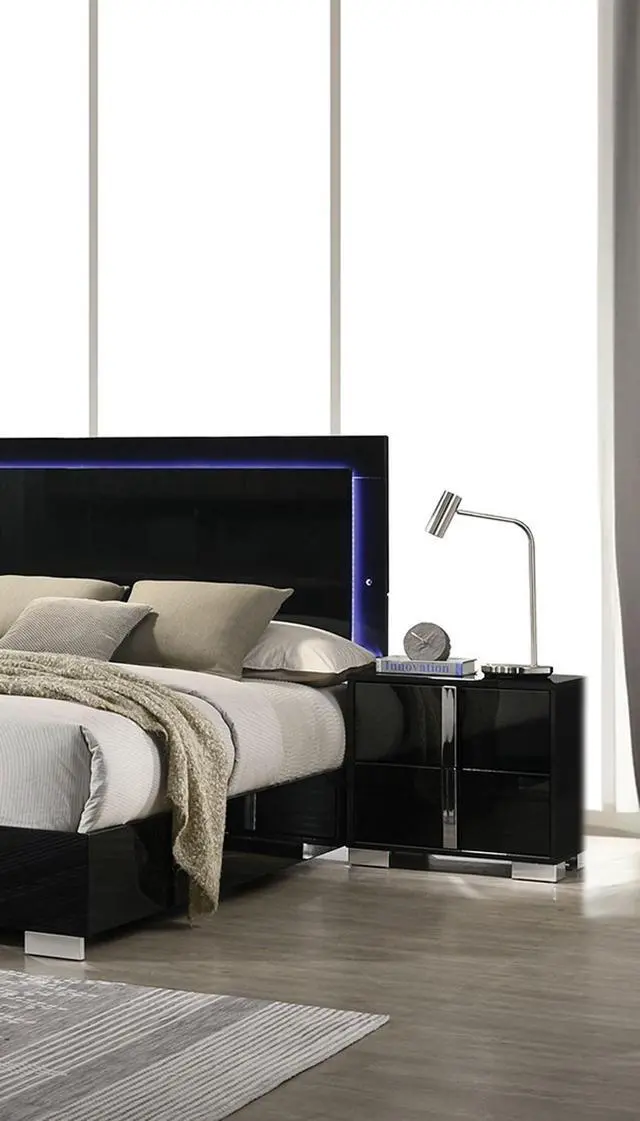 Alt view image 5 of 5 - Contemporary Classic Black Bedside Table Bedroom Furniture 1Pc Nightstand Chrome Legs Handles
