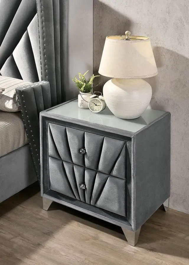 Alt view image 3 of 7 - Gorgeous Gray Fabric Fully Upholstered Nightstand 1Pc Bedroom Furniture Chrome Legs Bedside Table