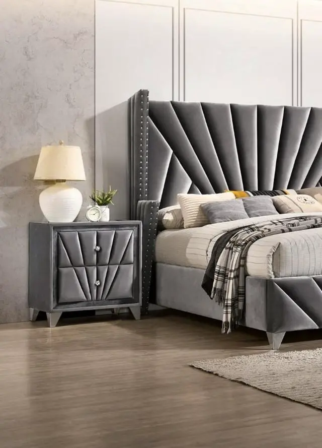 Alt view image 4 of 7 - Gorgeous Gray Fabric Fully Upholstered Nightstand 1Pc Bedroom Furniture Chrome Legs Bedside Table
