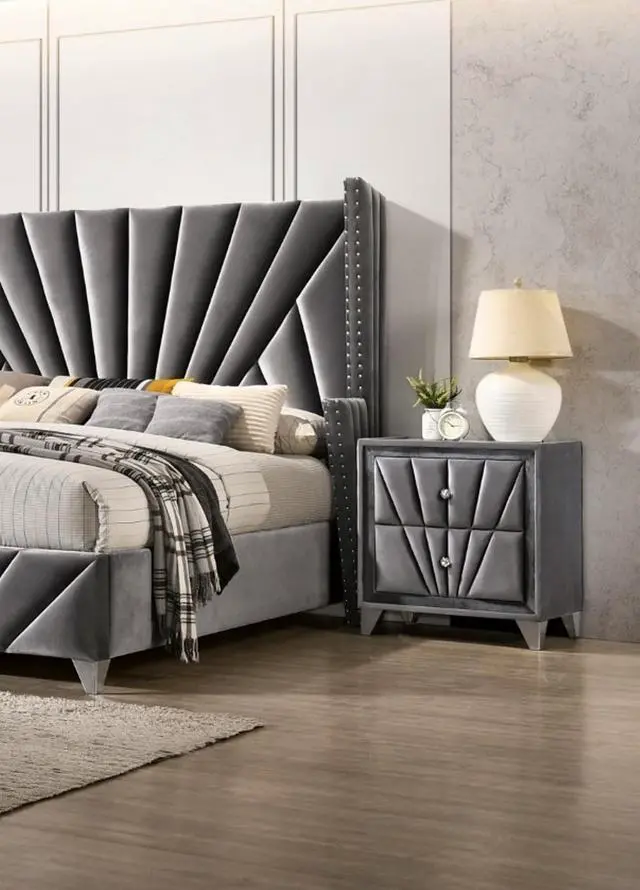 Alt view image 7 of 7 - Gorgeous Gray Fabric Fully Upholstered Nightstand 1Pc Bedroom Furniture Chrome Legs Bedside Table