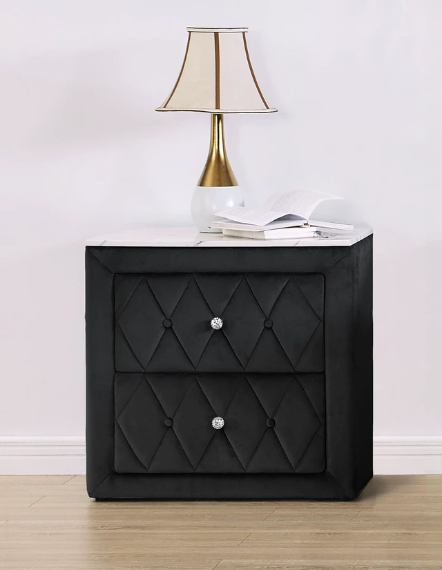Main image of 1Pc Black Nightstand Upholstery Fabric Faux Marble Top Two Storage Drawers Wooden Bedroom Furniture