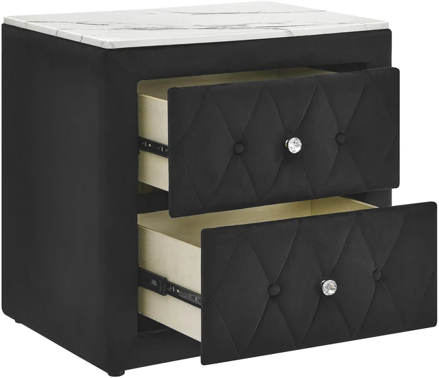 Alt view image 3 of 6 - 1Pc Black Nightstand Upholstery Fabric Faux Marble Top Two Storage Drawers Wooden Bedroom Furniture