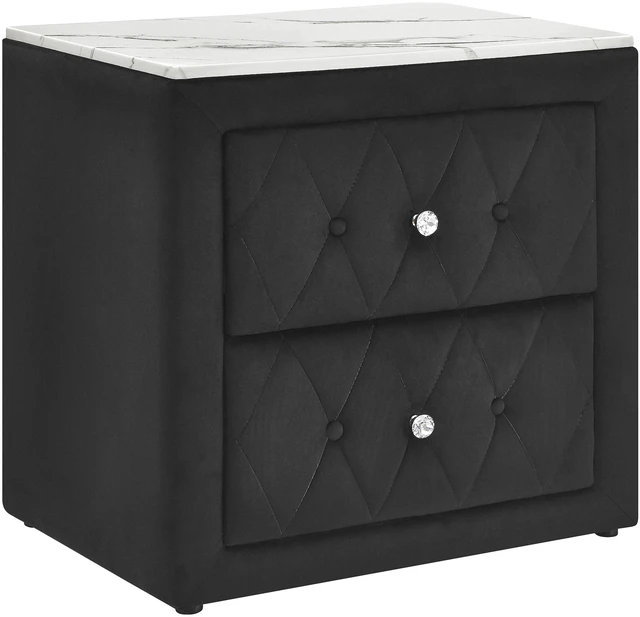 Alt view image 2 of 6 - 1Pc Black Nightstand Upholstery Fabric Faux Marble Top Two Storage Drawers Wooden Bedroom Furniture