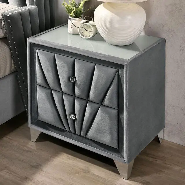 Alt view image 2 of 7 - Gorgeous Gray Fabric Fully Upholstered Nightstand 1Pc Bedroom Furniture Chrome Legs Bedside Table