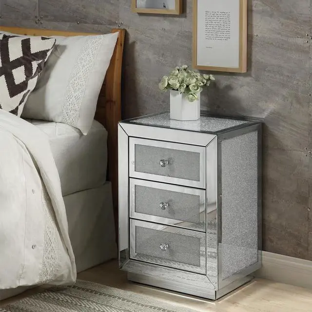 Main image of Glam Style Nightstand With Three Drawers Mirrored Finish Modern Home Furniture Accent Table