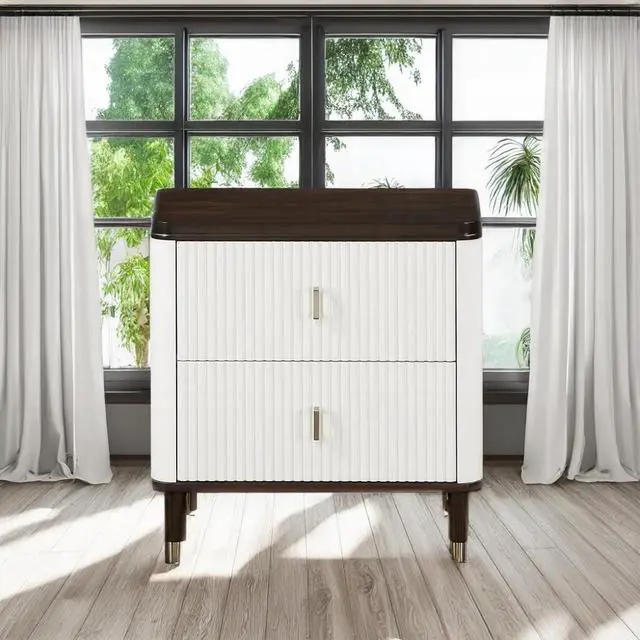 Main image of Modern Design White And Brown Finish 2-Drawers Nightstand With Usb Port Durable Wooden Bedroom Furniture 1Pc