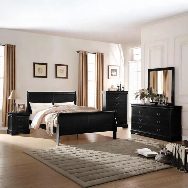 Alt view image 6 of 6 - 1Pc Traditional Classic Black Finish 2-Drawers Nightstand Wooden Bedroom Furniture