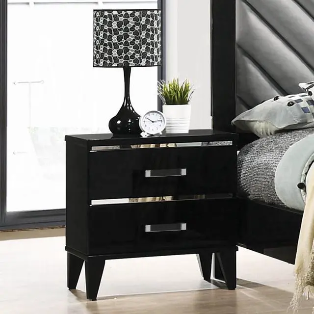 Main image of Contemporary Shiny Black Finish 2 Storage Drawer Nightstand Wooden Bedroom Furniture 1Pc
