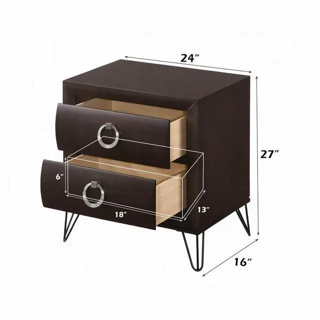 Alt view image 2 of 5 - 1Pc Contemporary Dark Merlot Finish Nightstand With Drawers Metal Legs Bedroom Furniture