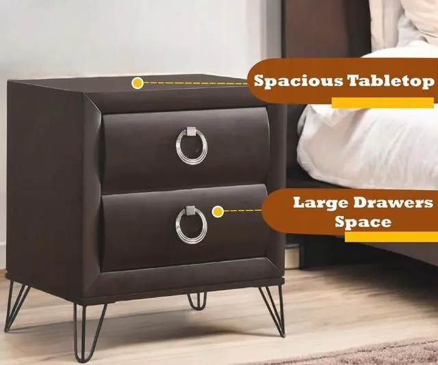 Alt view image 5 of 5 - 1Pc Contemporary Dark Merlot Finish Nightstand With Drawers Metal Legs Bedroom Furniture