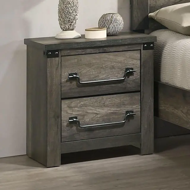 Alt view image 2 of 7 - Rustic Gray 1Pc Bedside Table Melamine Paper Wooden Nightstand Antique Brass Color Drop Handles