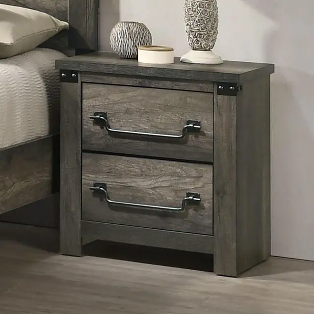 Main image of Rustic Gray 1Pc Bedside Table Melamine Paper Wooden Nightstand Antique Brass Color Drop Handles