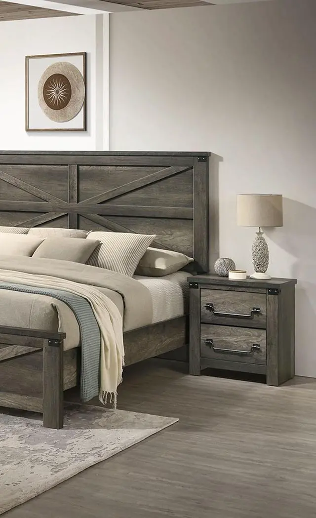 Alt view image 4 of 7 - Rustic Gray 1Pc Bedside Table Melamine Paper Wooden Nightstand Antique Brass Color Drop Handles