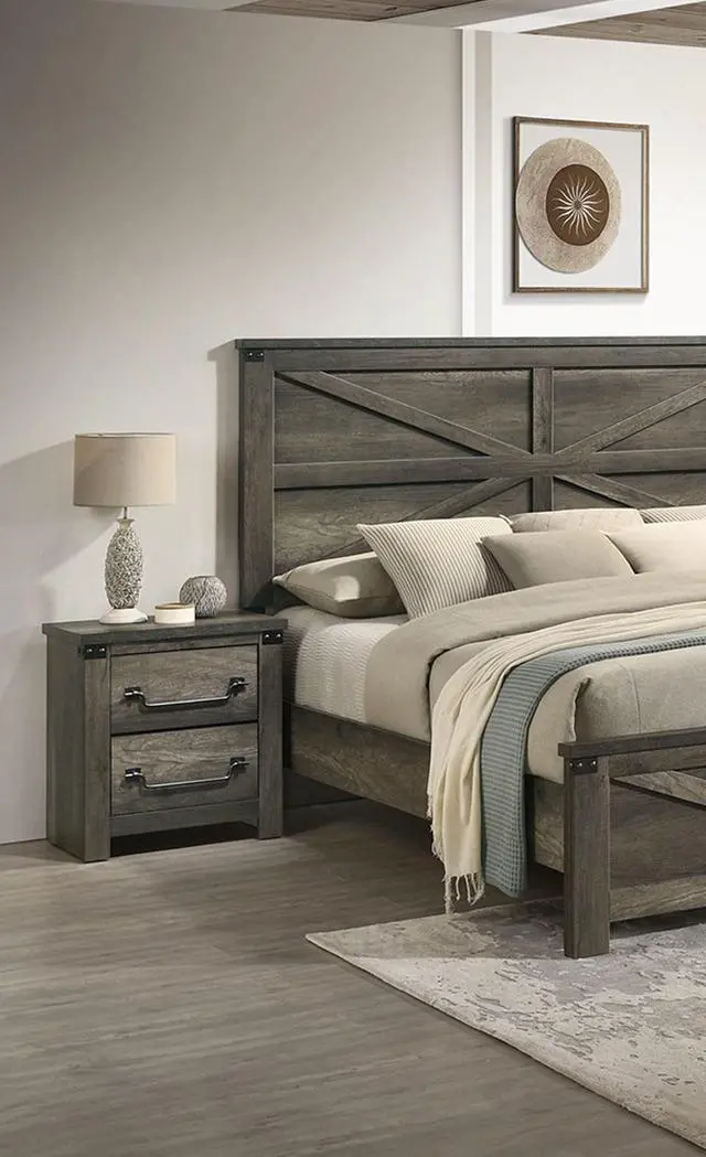 Alt view image 5 of 7 - Rustic Gray 1Pc Bedside Table Melamine Paper Wooden Nightstand Antique Brass Color Drop Handles